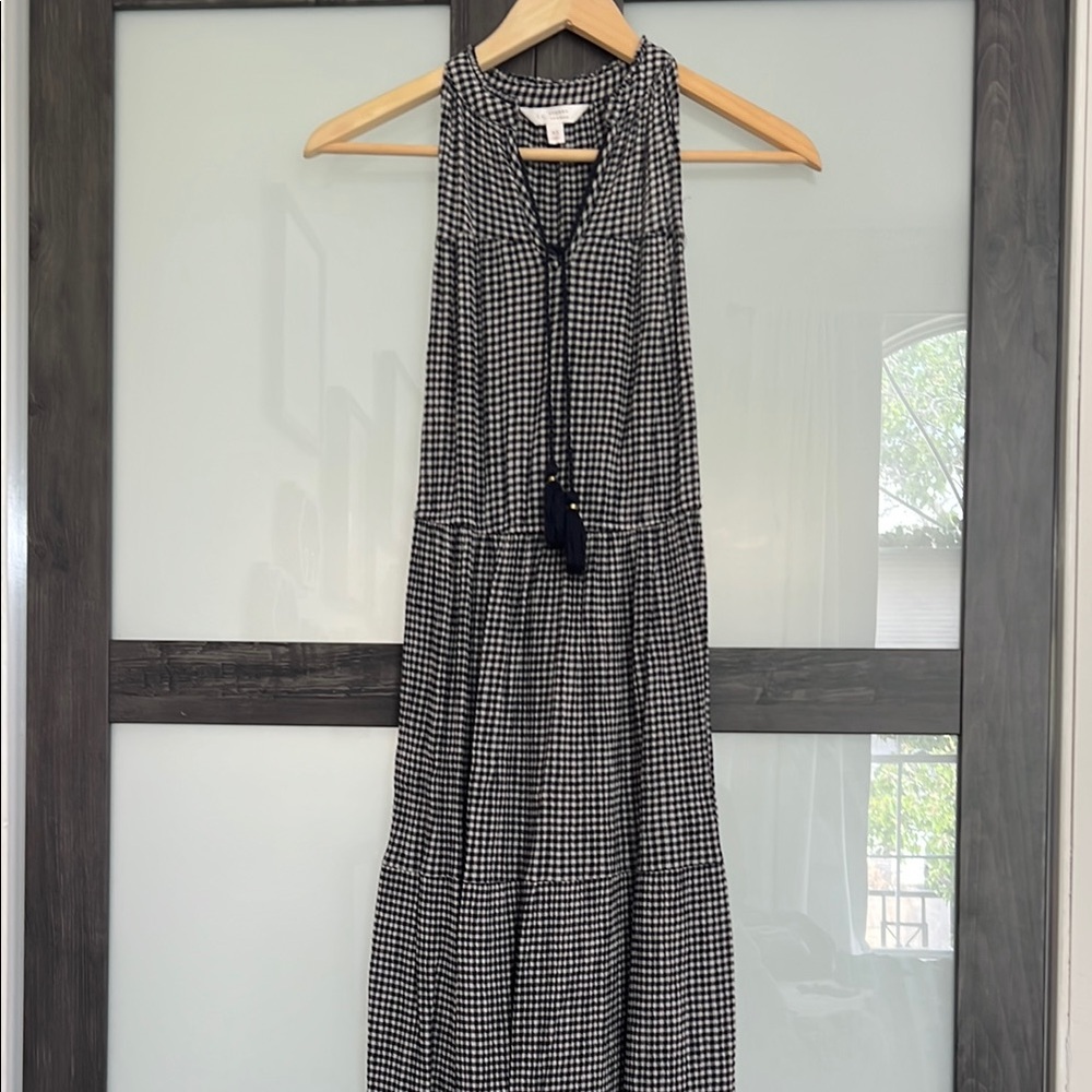 Linen Deep Navy (soft blue/black) & Taupe Gingham Dress—Halter with V Neck NWOT